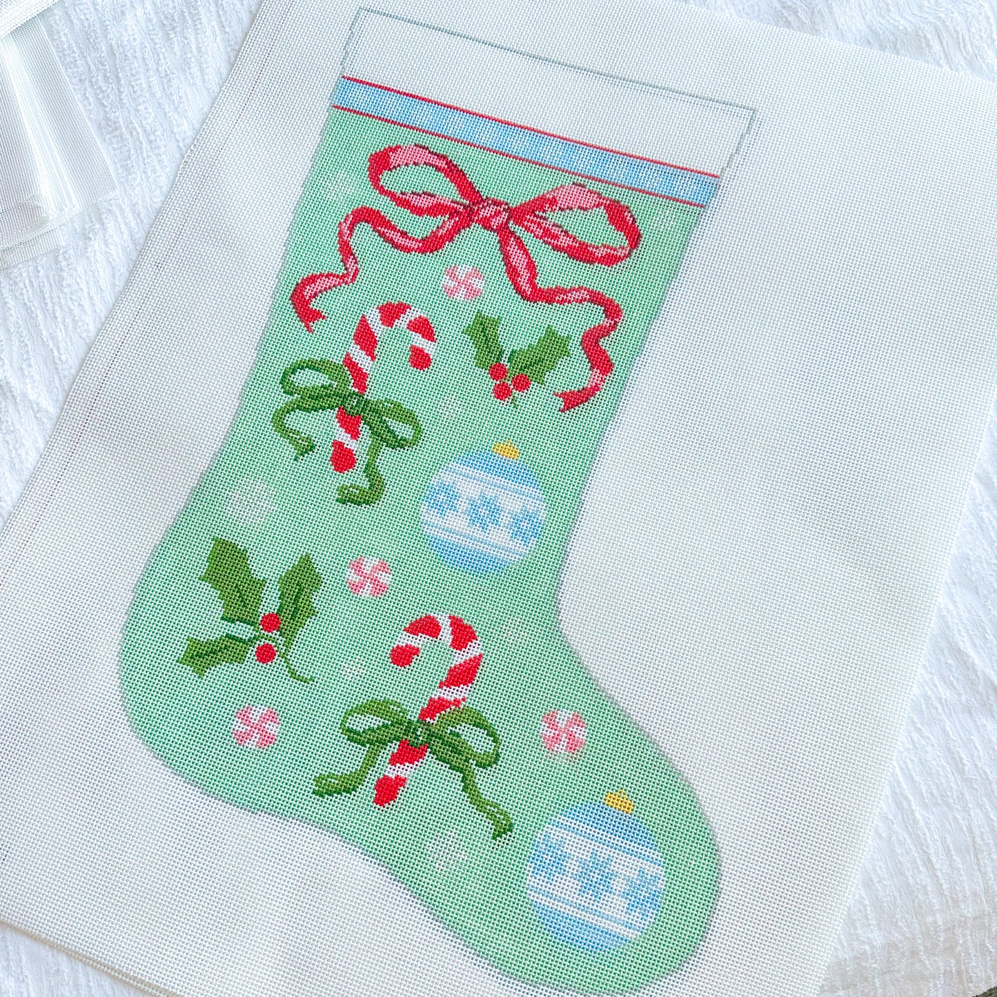 Bow and Candy Cane Needlepoint Stocking