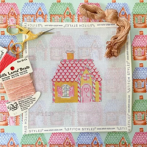 Emily Quigley: Pink Gingerbread House Needlepoint Canvas