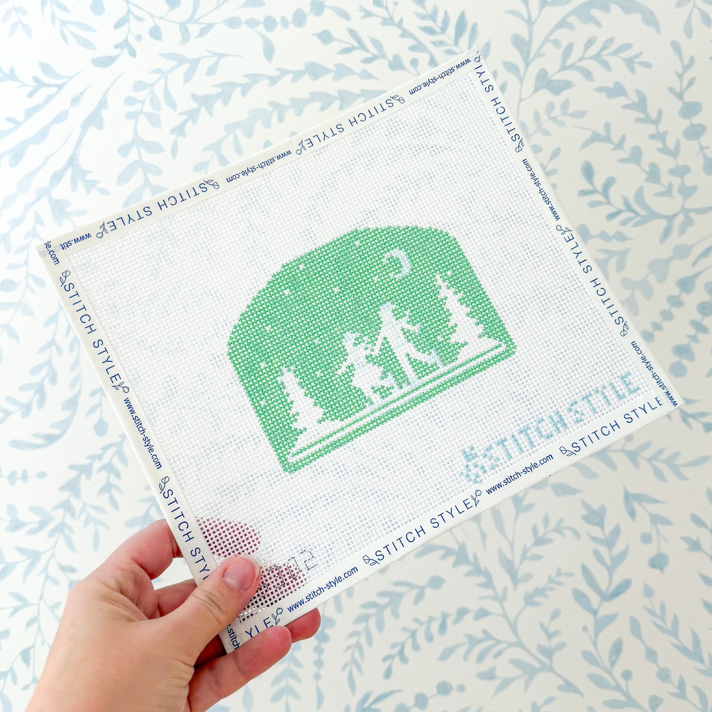 Mint Green Figure Skaters Silhouette in Forest 13 Mesh Needlepoint Canvas