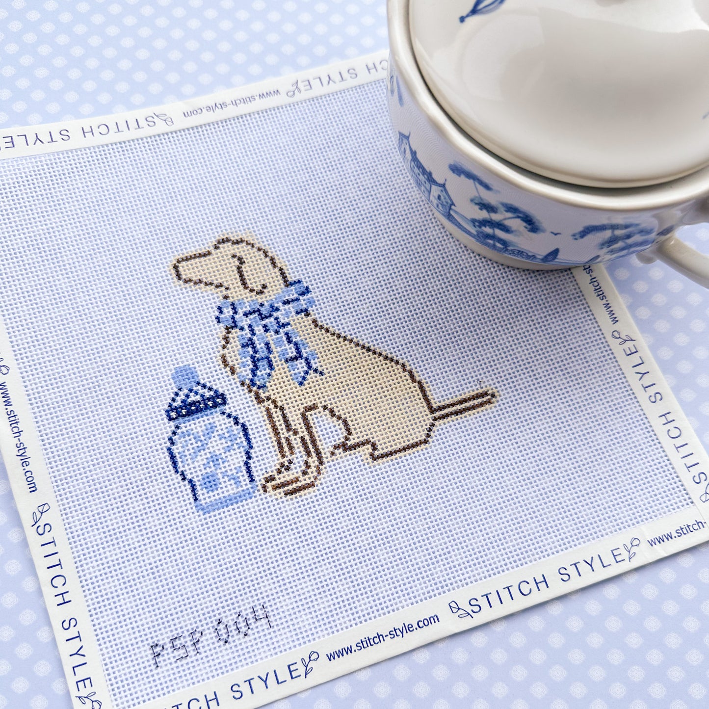 Dog with Ginger Jar and Blue Bow Needlepoint Canvas