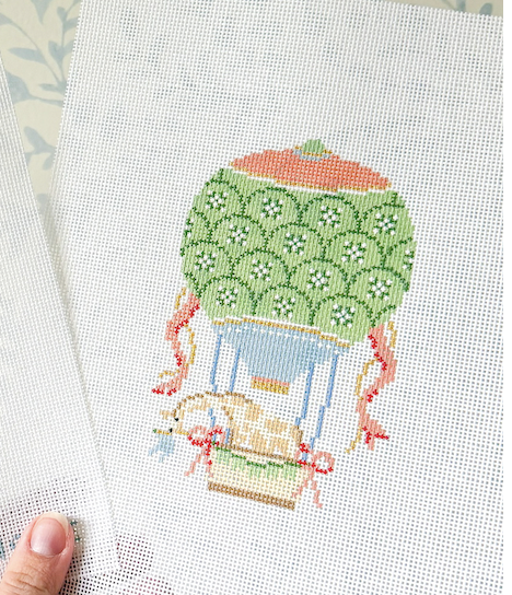 Green and Blue Hot Air Balloon with Giraffe 18 mesh Needlepoint Canvas