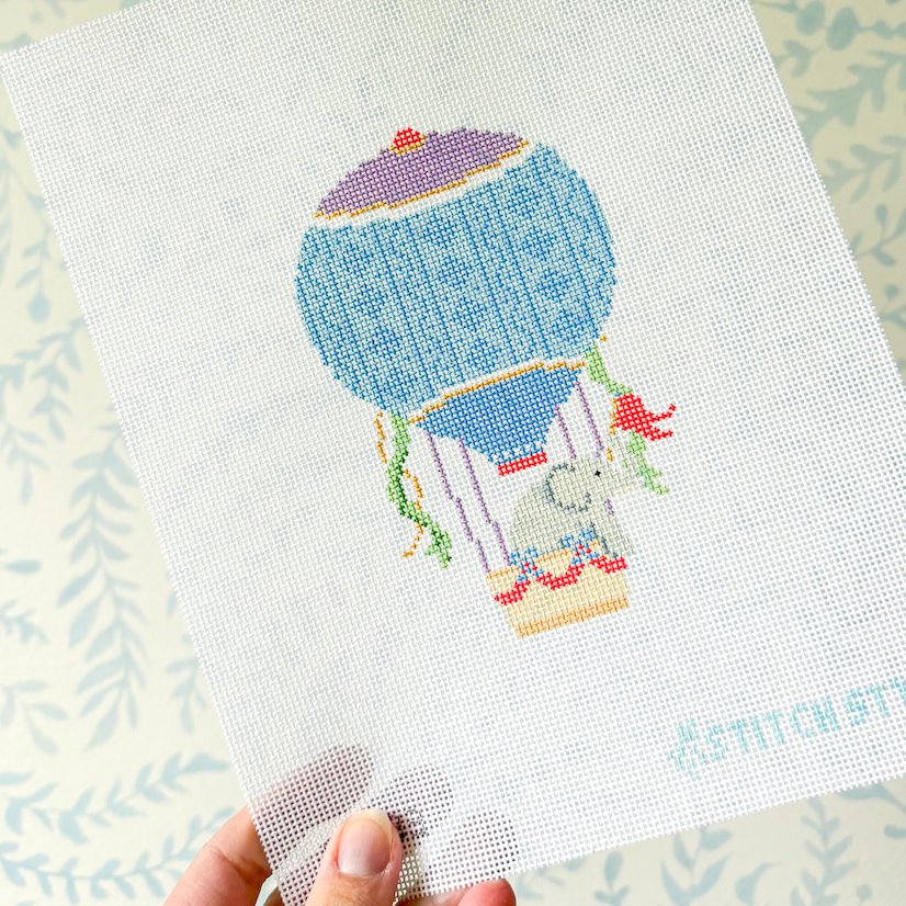 Blue and Purple Hot Air Balloon with Elephant 18 mesh Needlepoint