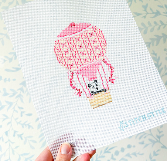 Pink Hot Air Balloon with Panda 18 mesh Needlepoint Canvas