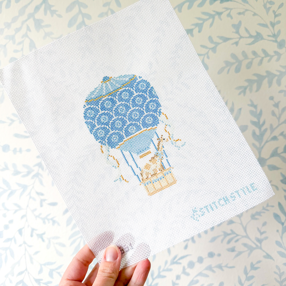 Light Blue Hot Air Balloon with Giraffe 18 mesh Needlepoint Canvas