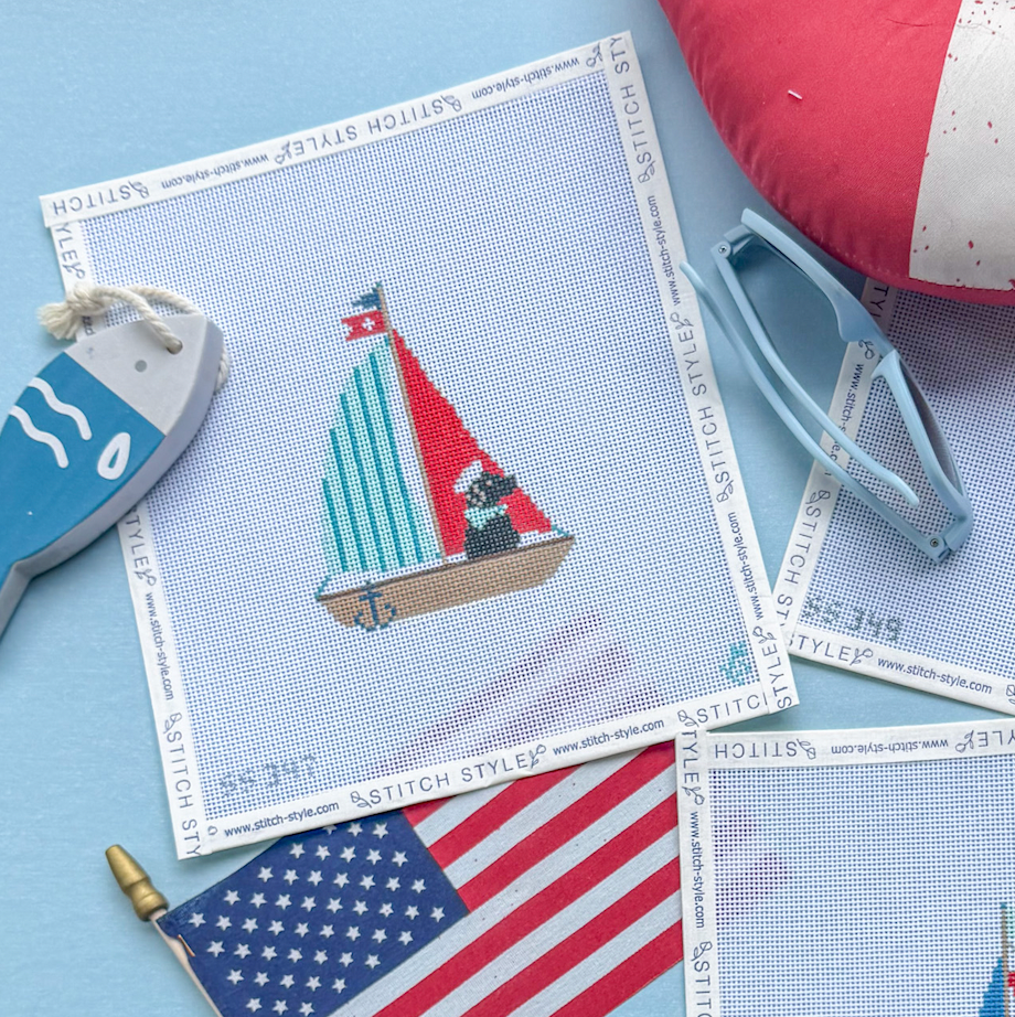 Black Labrador in Sailboat 18 mesh Needlepoint Canvas