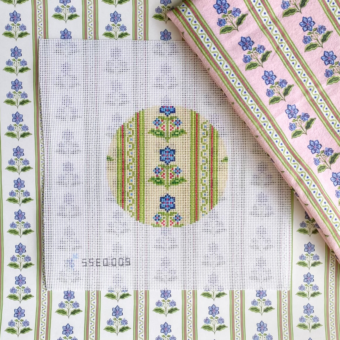 Emily Quigley: Floral Block Print Round Needlepoint Canvas
