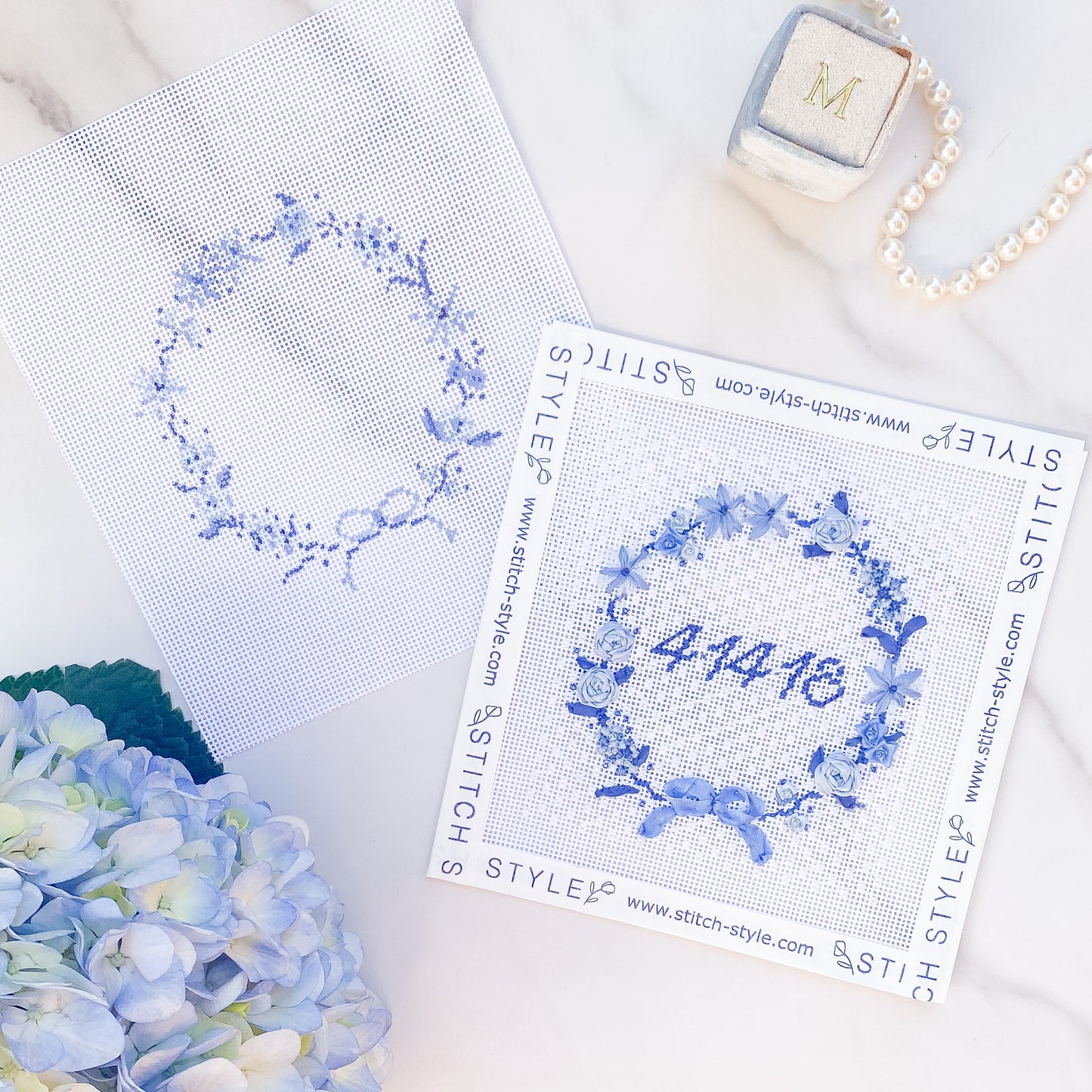 Blue Floral Wreath Needlepoint Canvas